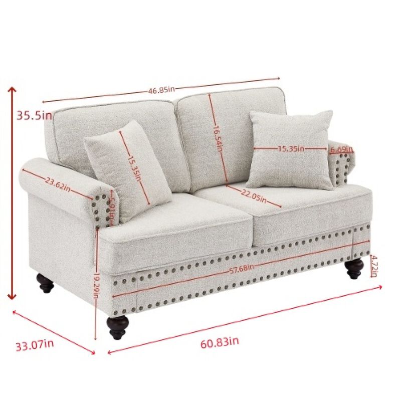 61" Chenille Modern Upholstered Sofas Love Seater With Nails And Armrests (White)