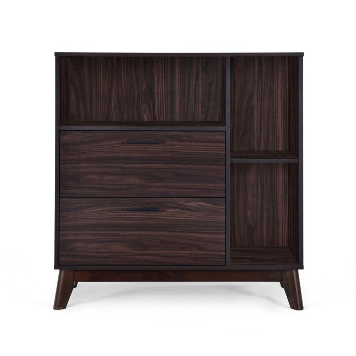 Bara Accent Cabinet 36 Inch, 3 Space 2 Drawer, Rustic Dark Wenge Brown - Benzara