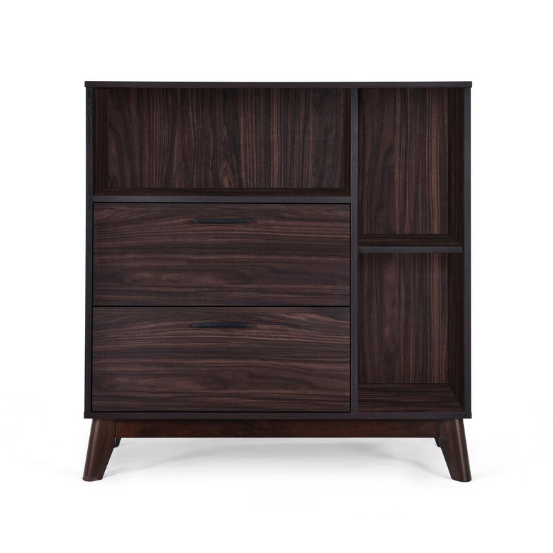 Bara Accent Cabinet 36 Inch, 3 Space 2 Drawer, Rustic Dark Wenge Brown - Benzara