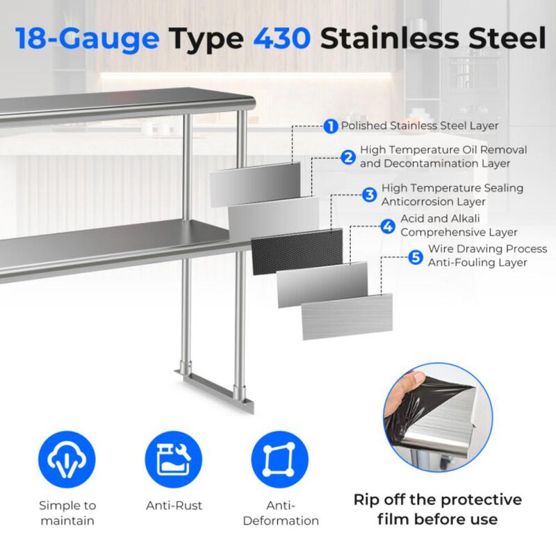 Hivvago 48 x 12 Inch Kitchen Stainless Steel Overshelf with Adjustable Lower Shelf