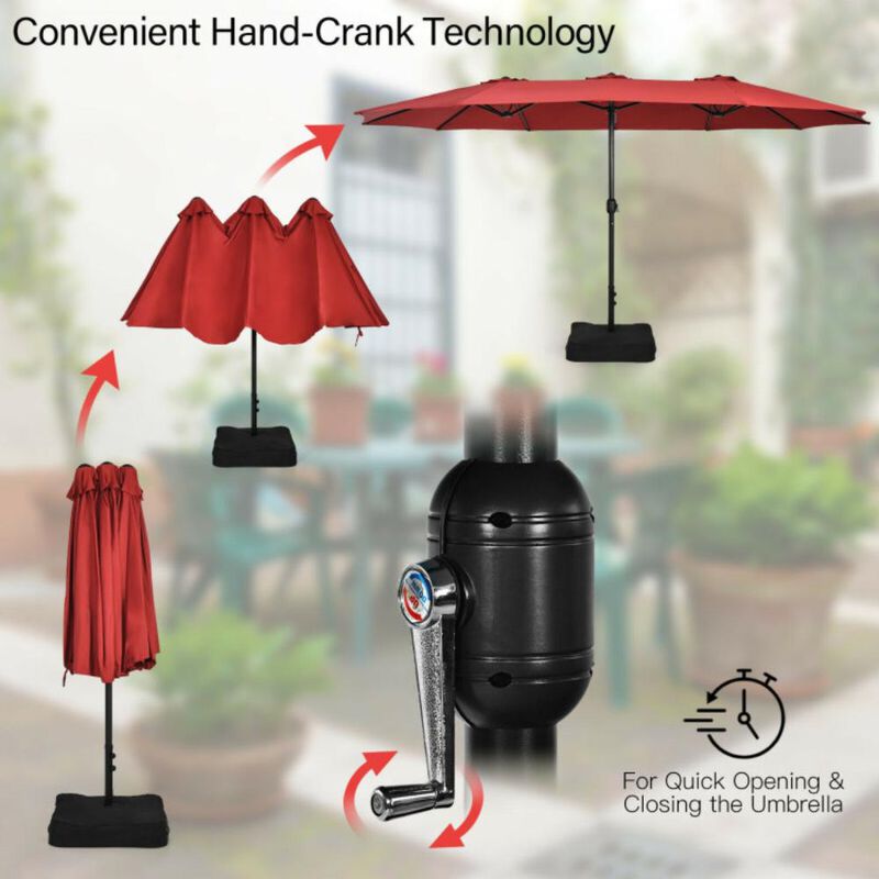 Hivvago 15 Feet Double-Sided Twin Patio Umbrella with Crank and Base