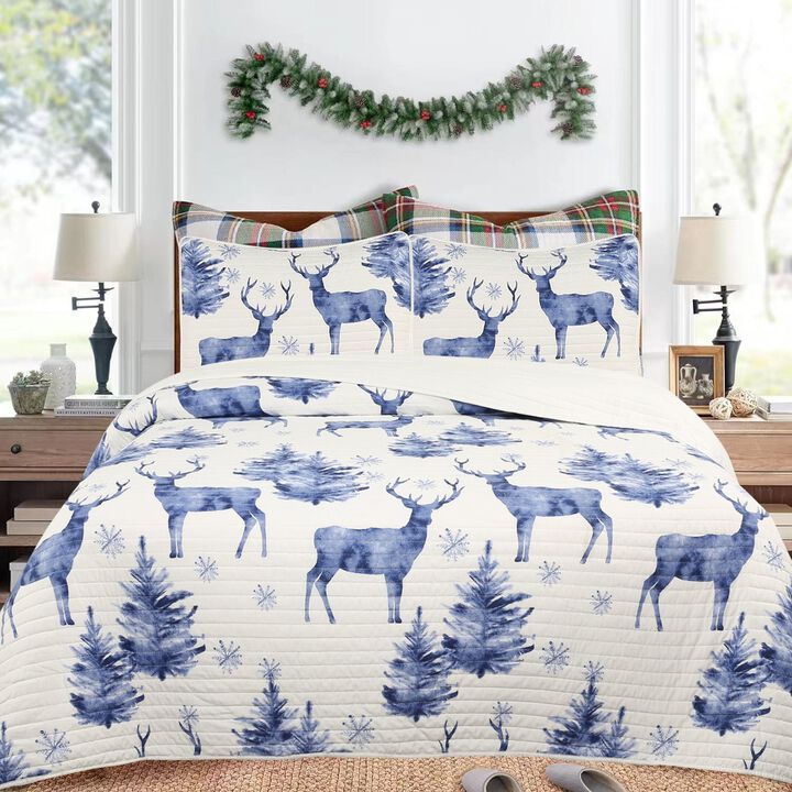 MarCielo 3 Pcs Christmas Bedding Holiday Quilt Bedspread Set Deer
