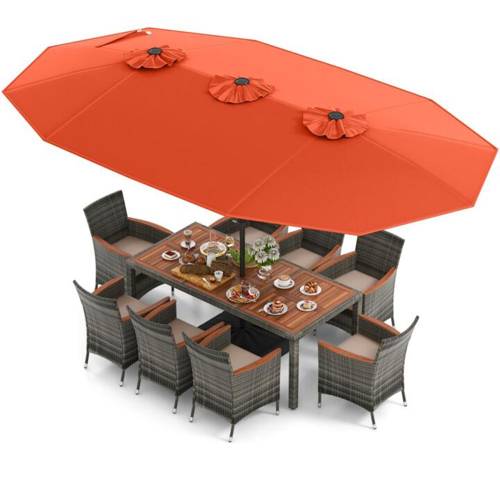 Hivvago 10 Pieces Patio Wicker Dining Set with 15 Feet Double-Sided Patio Umbrella