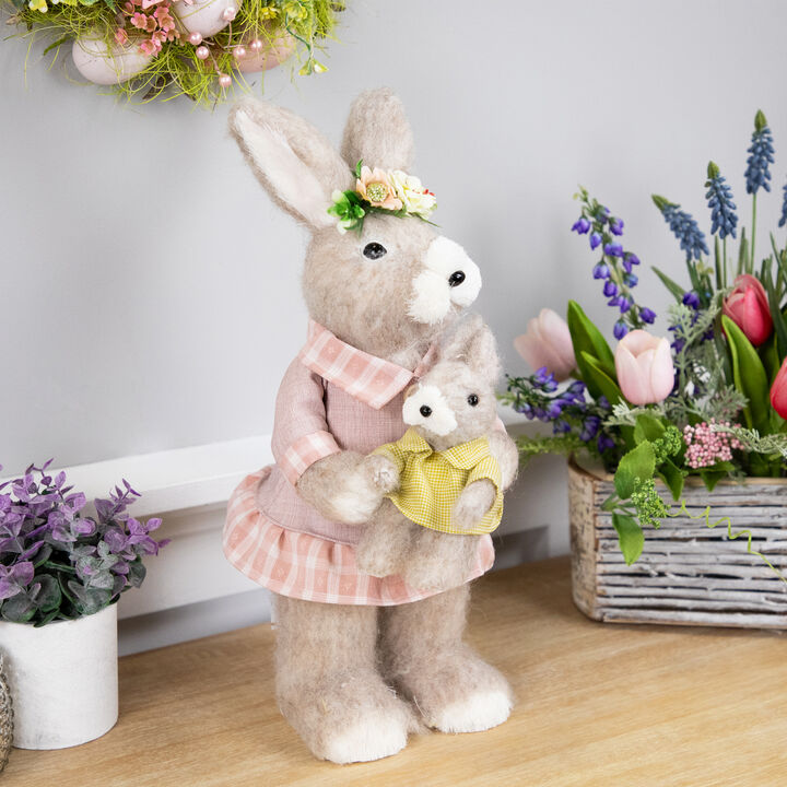 Mother Rabbit with Baby Bunny Easter Figure - 14.5" - Brown and Rose Pink