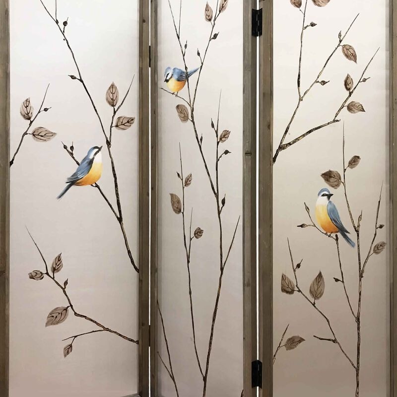 Art Styled 3 Panel Wooden Screen with Hand painted Fabric Design, Beige - Benzara