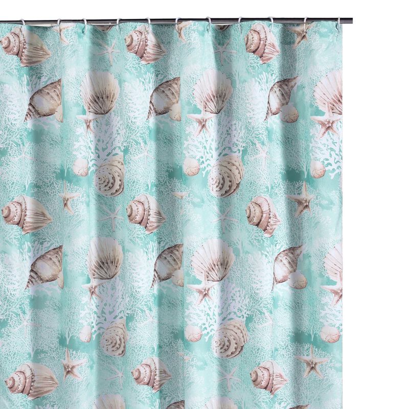 Logan 72 Inch Shower Curtain, Coastal Light Blue Conch Shells Print-Benzara