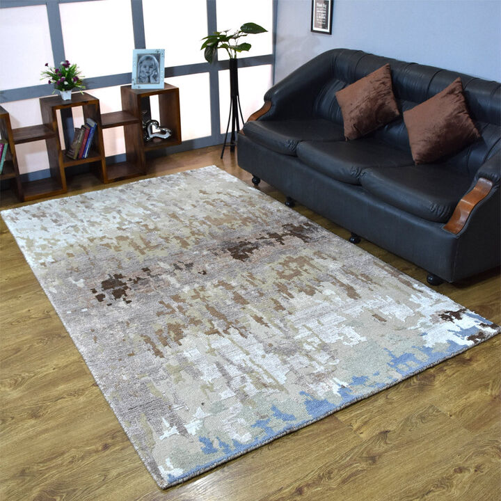 Rugsotic Carpets Hand Knotted Bamboo Silk & Wool 6'x9' Area Rug Abstract Beige NWS120