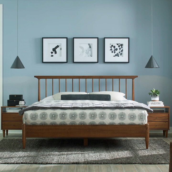 Hivvago Queen Size Hardwood Mid Century Platform Bed Frame with Headboard in Walnut