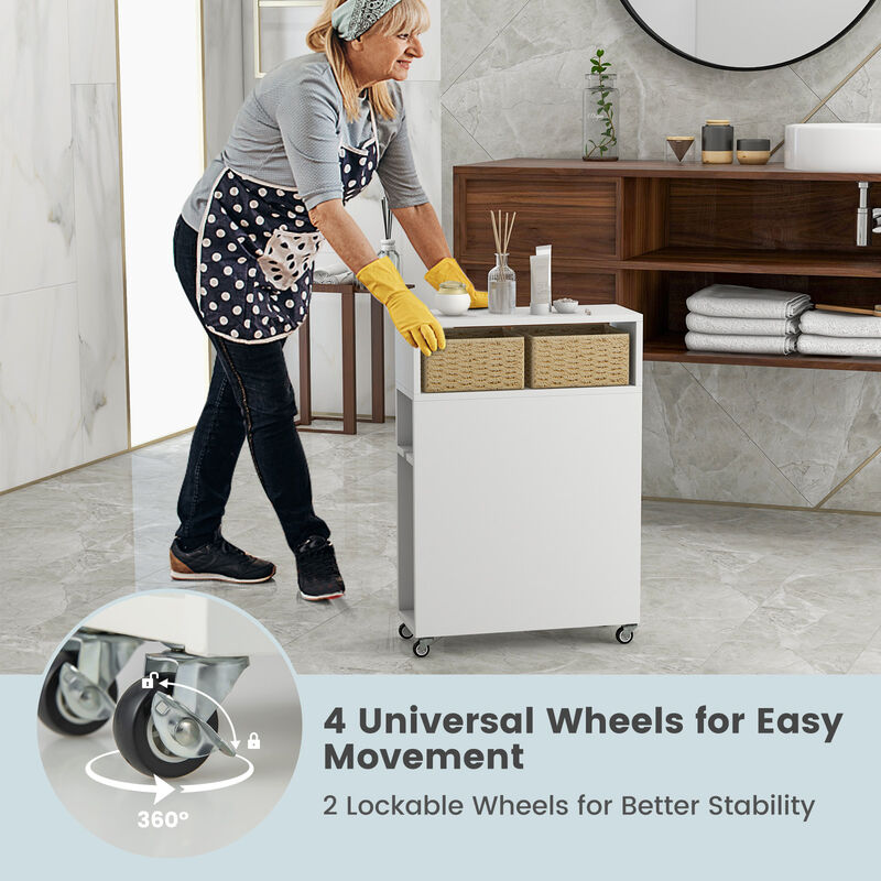 Costway Movable Bathroom Storage Cabinet Narrow Toilet Side Paper Holder w/ 2 Drawers