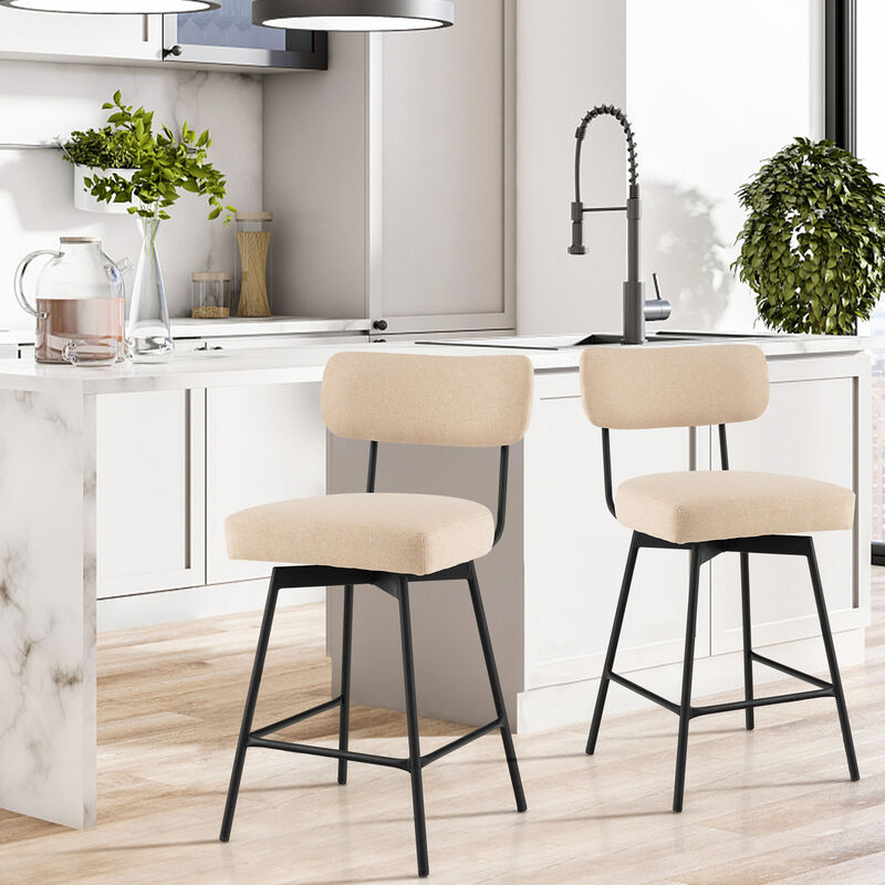 25" 2-Piece Modern Upholstered Bar Stools with Back and Footrests-Beige