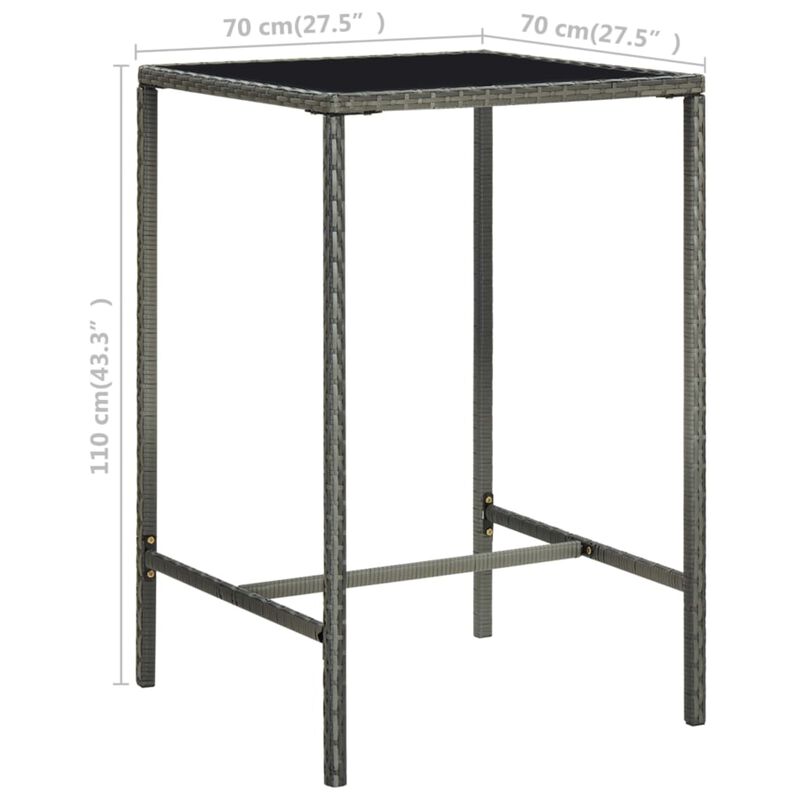 vidaXL Garden Bar Table Gray 27.6"x27.6"x43.3" Poly Rattan and Glass