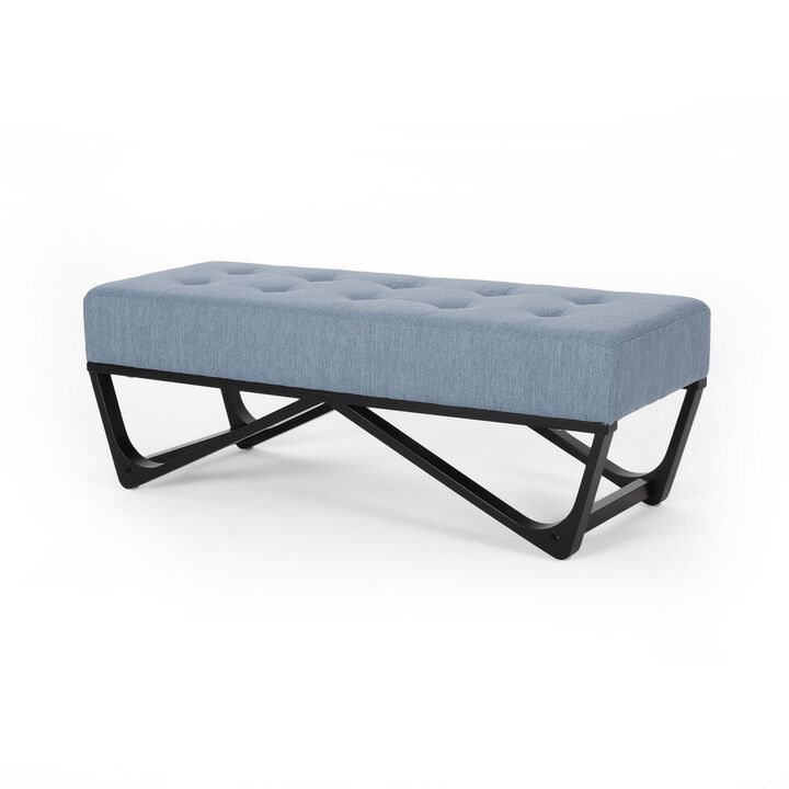 Liba Ottoman Bench, Button Tufted Light Blue Fabric, Black, 47 Inch -Benzara