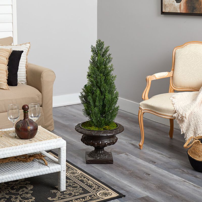 Hivvago 3.5 Feet Mini Cedar Artificial Pine Tree in Iron Colored Urn UV Resistant (Indoor/Outdoor)