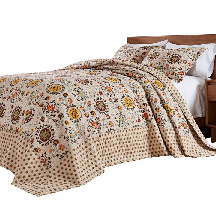 Dorra 3pc Queen Bedspread Set, 2 Shams, Floral Crest, Beige Yellow Cotton