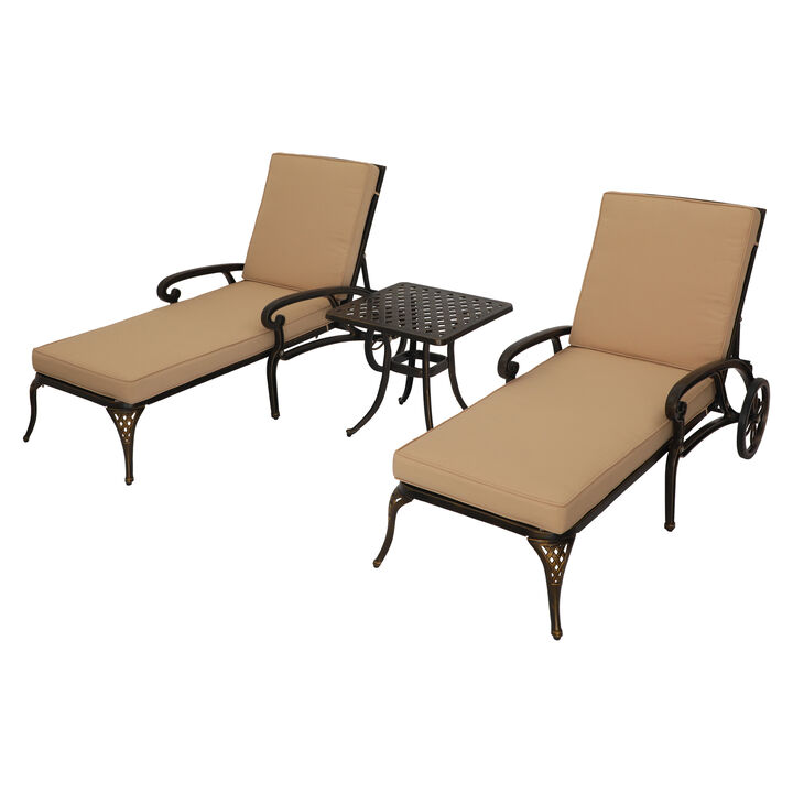 MONDAWE 3-Piece Outdoor Chaise Lounge with Cushion and Cast Aluminum Side Table