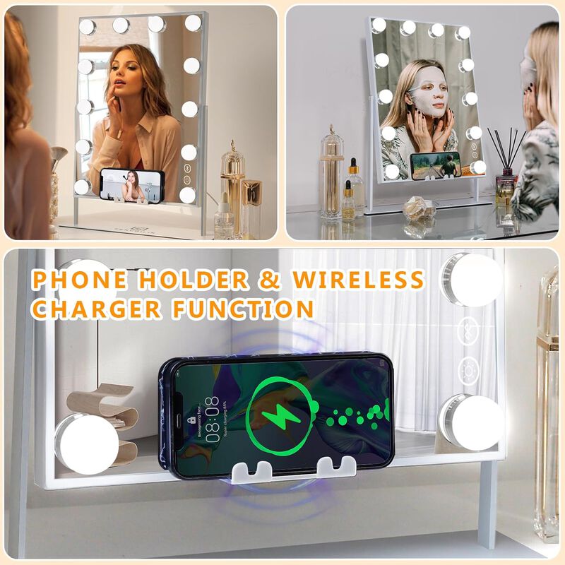12''*16'' Hollywood makeup vanity mirror 12 LED Bulbs With Buletooth Wireless Charging