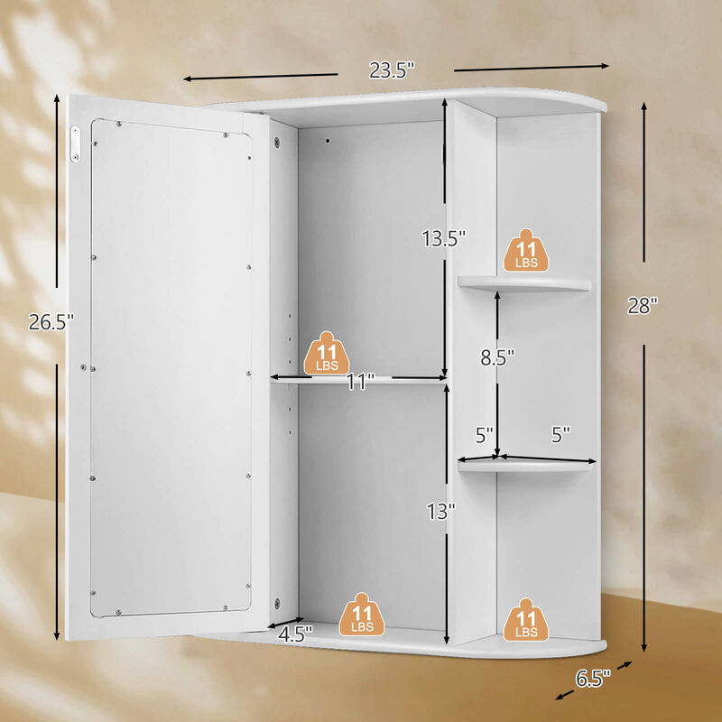 Bathroom Single Door Shelves Wall Mount Cabinet with Mirror