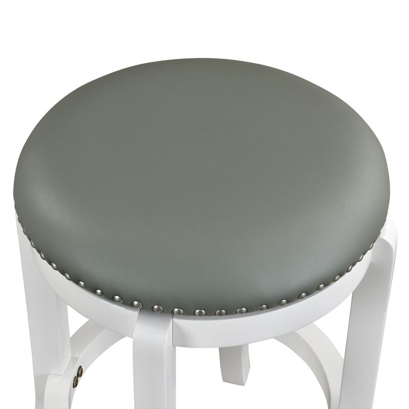 Ovi 25 Inch Backless Swivel Counter Stool, Gray Faux Leather, Nailhead Trim - Benzara