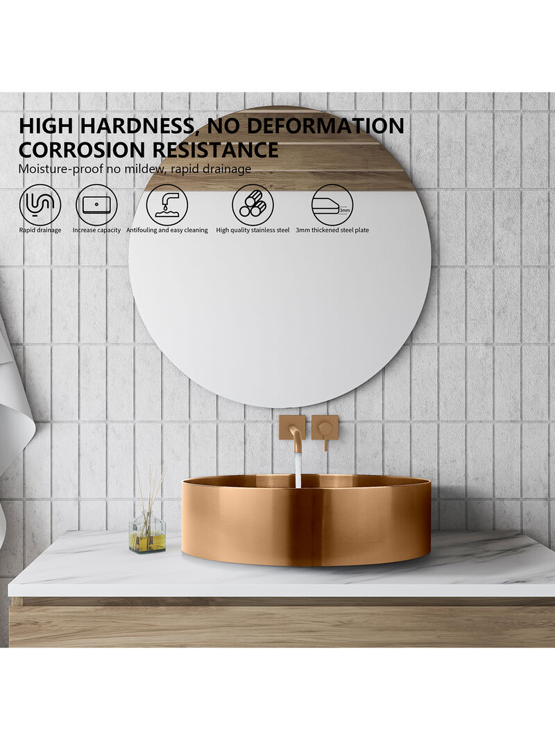 Stainless Steel Bathroom Sink with Mounting Ring & Pop-Up Drain Round Bowl Basin Rose Gold