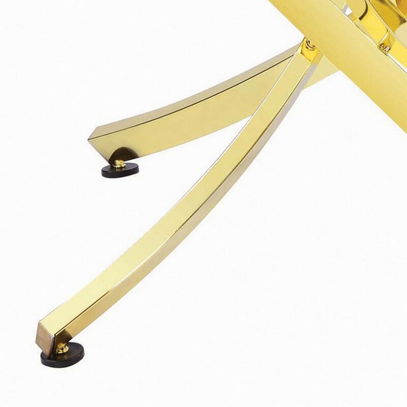Dining Table with Glass Top and Curved Design Metal Base, Gold-Benzara