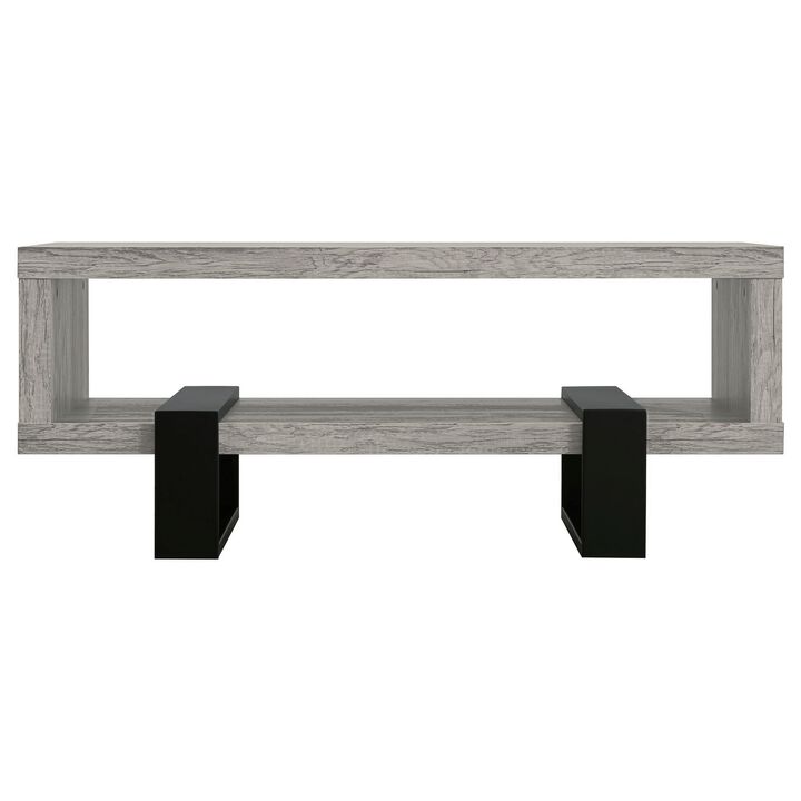 Modern Driftwood Open Shelf Coffee Table, Gray and Black - Benzara