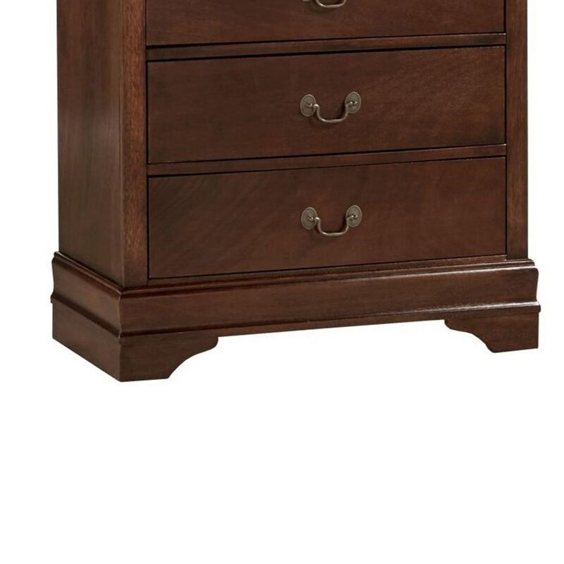5 Drawer Wooden Chest with Metal Hardware, Cherry Brown - Benzara
