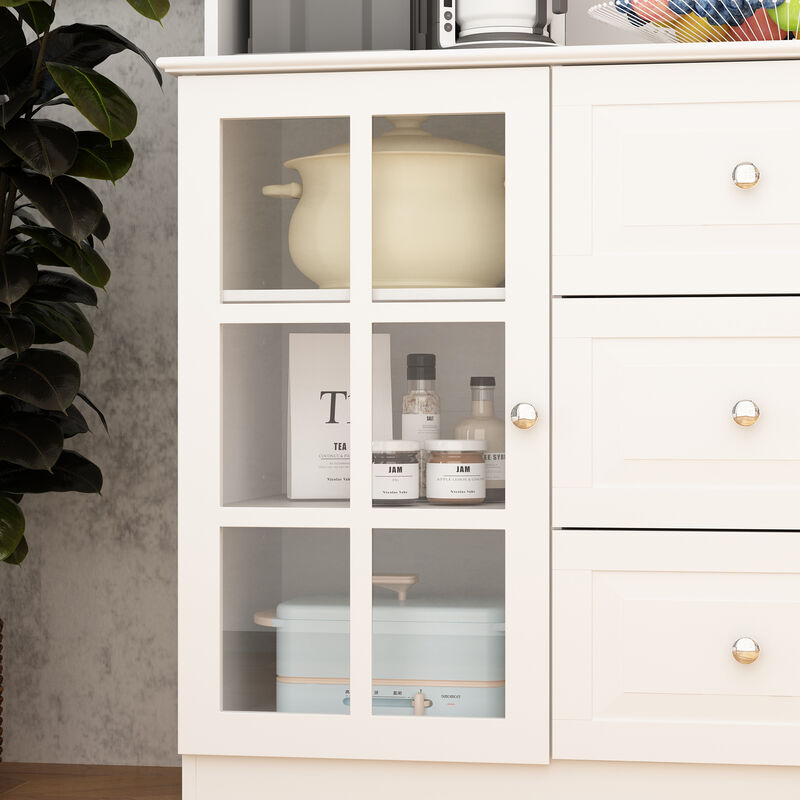 White Wooden Sideboard, Food Pantry, Storage Cabinet with 3 Drawers, 13 Shelves and Wine Rack