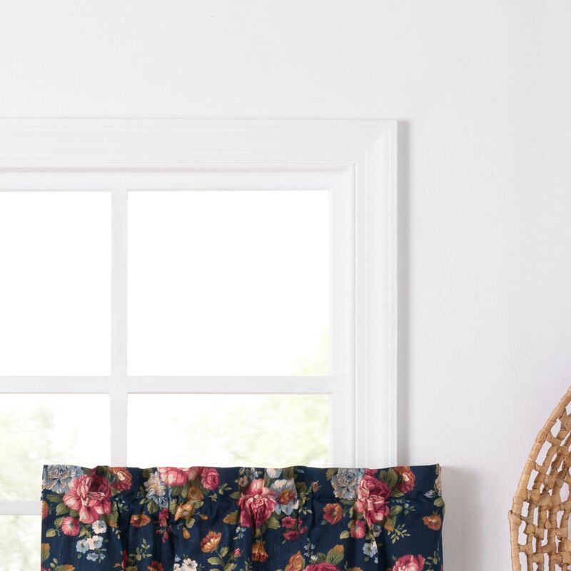 Ellis Bella Rose Stylish Medium Scale Printed Floral Pattern 1.5" Rod Pocket Tier for Windows 56"x24" Navy
