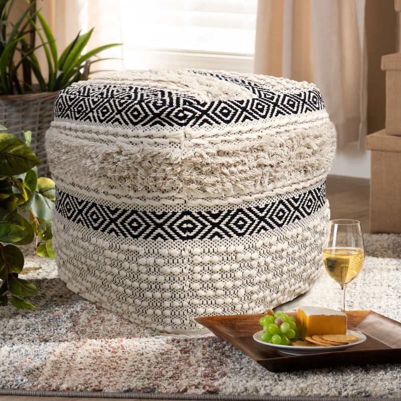 Pasargad Home Grandcanyon Hand Woven 100% Cotton Pouf, Ivory/Black