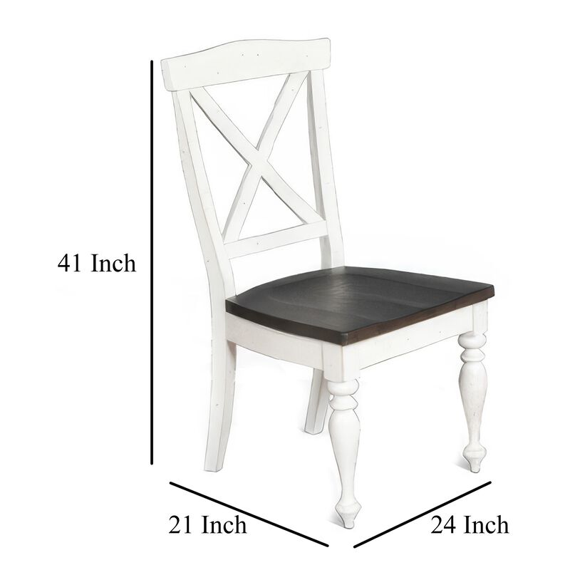Orso Dining Side Chair Set of 2, Crossback, Brown Wood Seat, White - Benzara