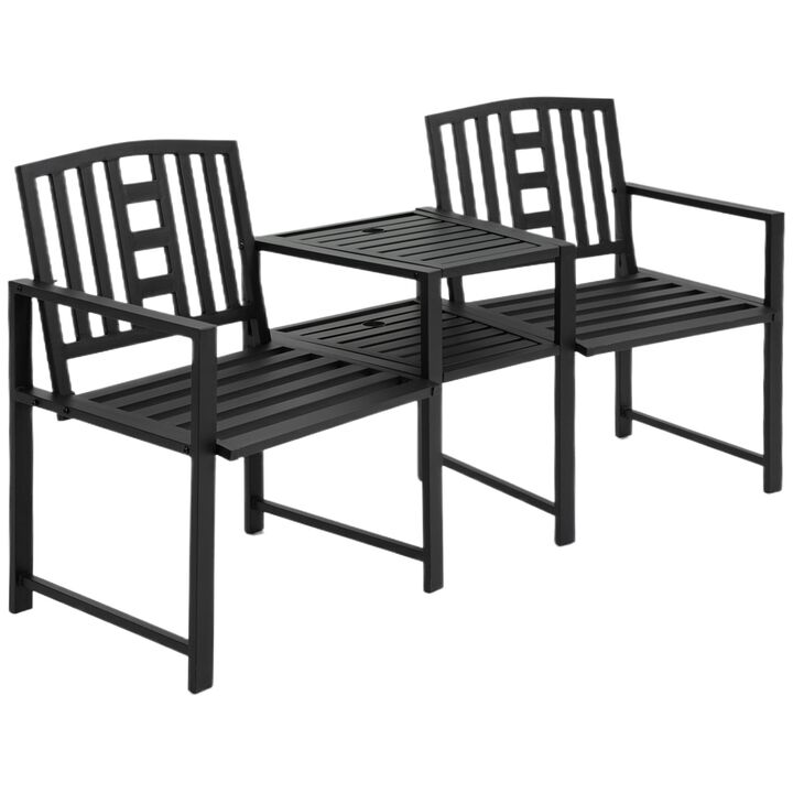 Metal Garden Seating: Loveseat Bench with Table and Umbrella Hole