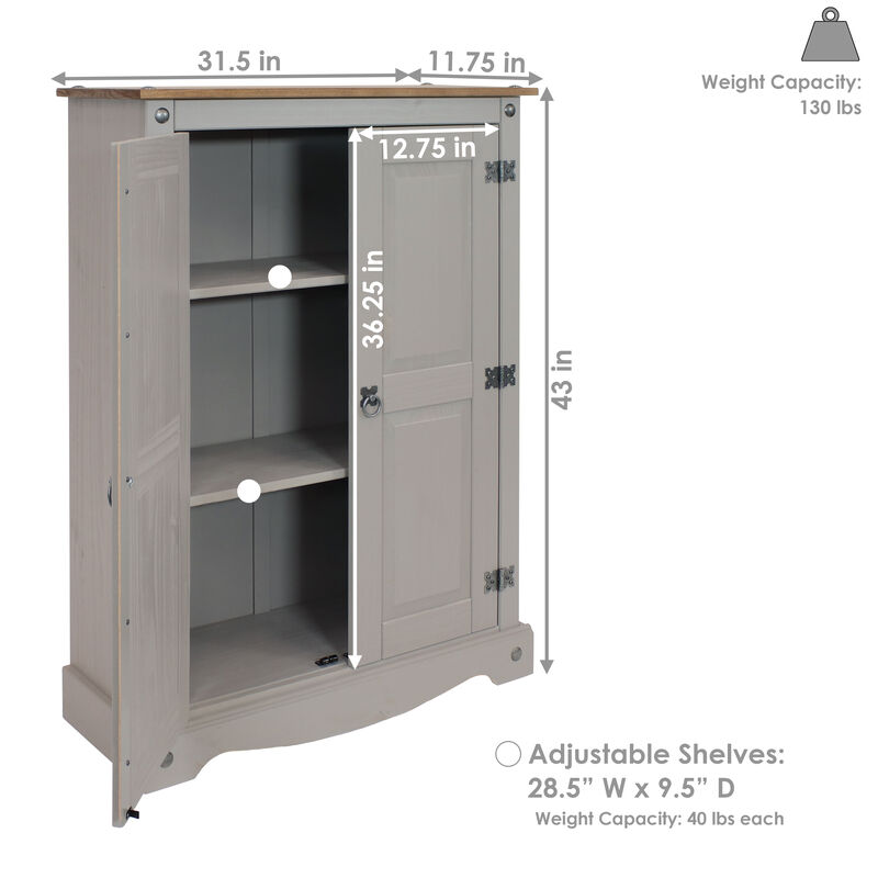 Sunnydaze 2-Door, 2-Shelf Solid Pine Accent Cupboard - Gray - 43 in
