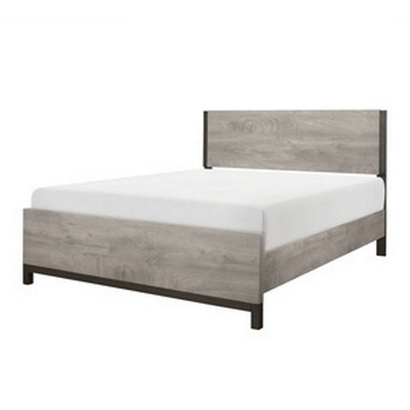 Deena Queen Bed, Painted Metal Finished Accents, Light Gray Wood Frame - Benzara