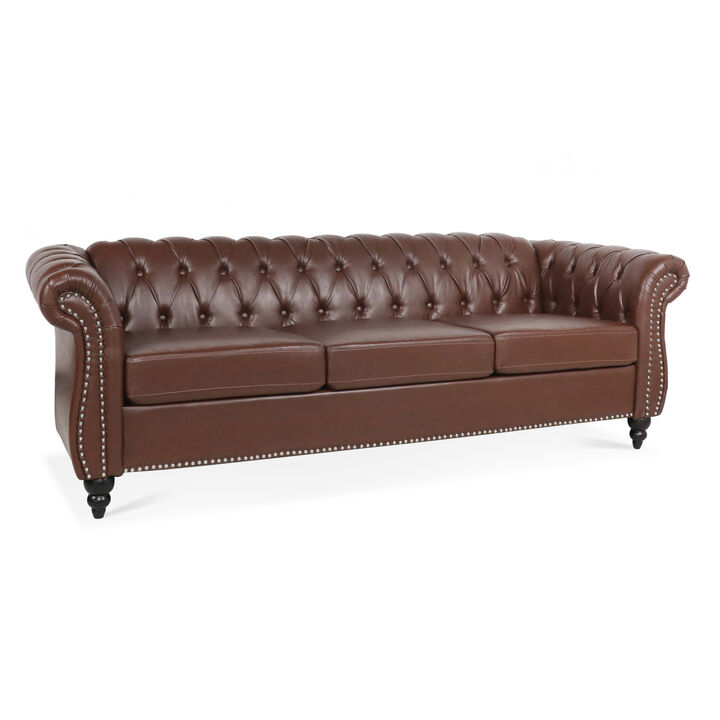 Dark Brown PU Rolled Arm Chesterfield Three Seater Sofa