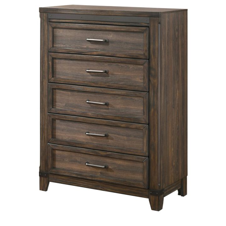 Sea 48 Inch Tall Dresser Chest, 5 Drawers, Long Metal Handles, Brown - Benzara