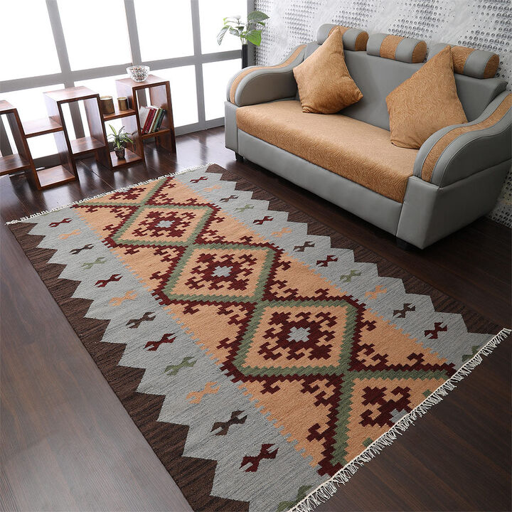 RUGSOTIC CARPETS HAND WOVEN FLAT WEAVE KILIM WOOL ECO-FRIENDLY AREA RUGS  - 4'x6', Rectangle Shape, Multicolor Color, Contemporary Modern Design, Low Pile Handmade Rugs for Living Room (D00137)