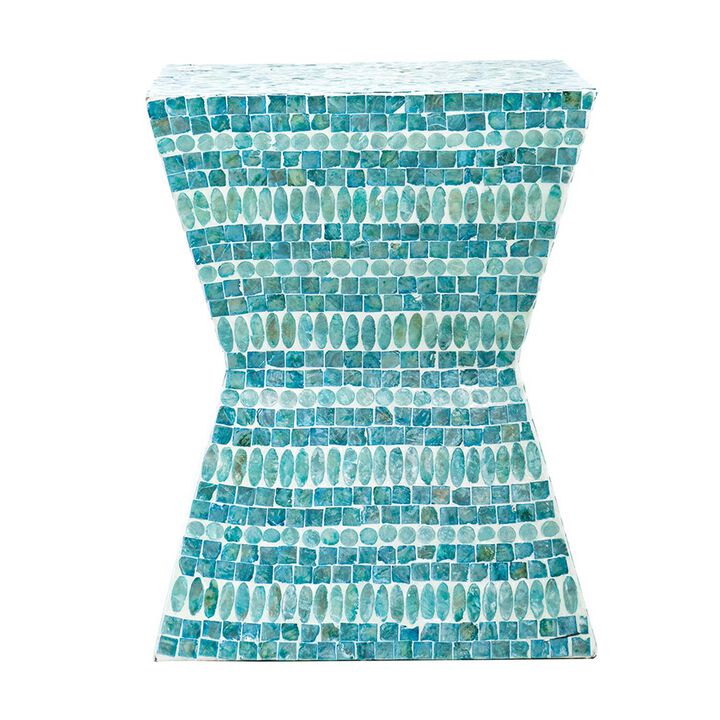 14 Inch Capiz Accent Table Stool, Blue Mosaic Geometric Hourglass Shape - Benzara
