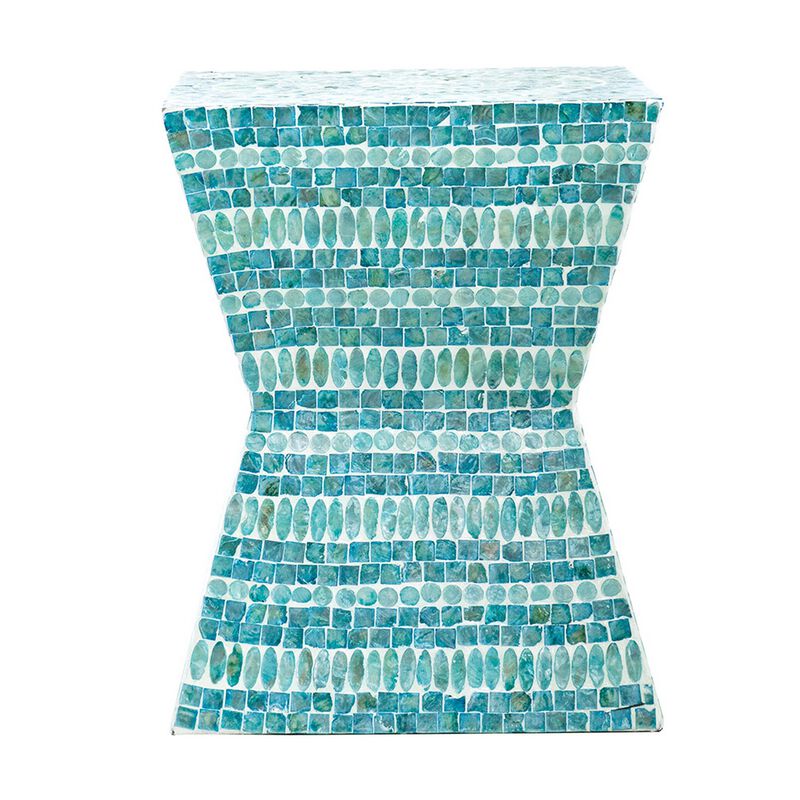 14 Inch Capiz Accent Table Stool, Blue Mosaic Geometric Hourglass Shape - Benzara