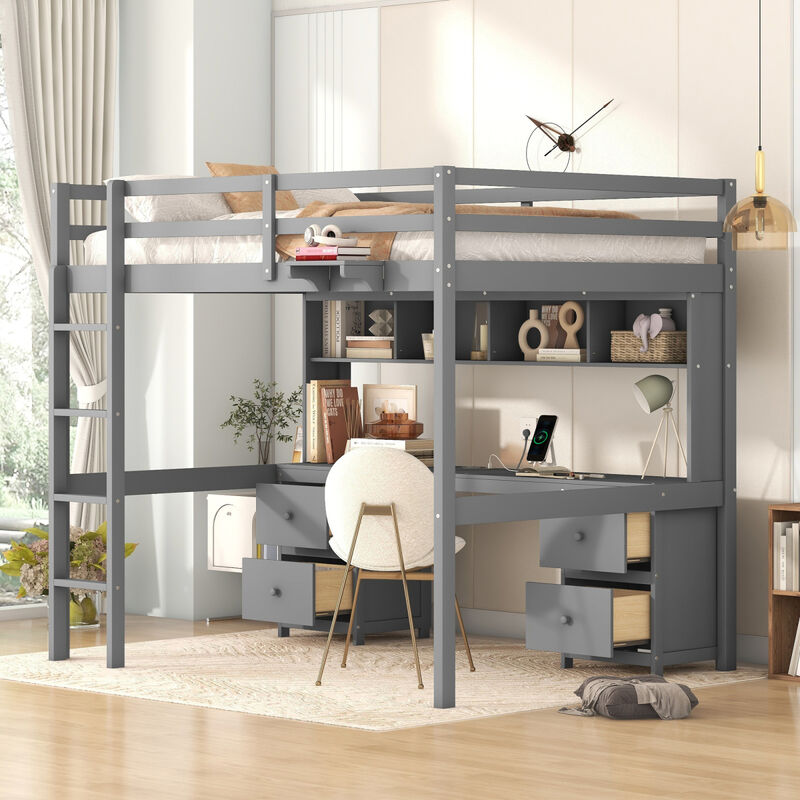 Full Size Loft Bed With Desk, Cabinets, Drawers And Bedside Tray, Charging Station