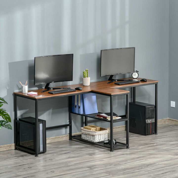 Dark Walnut Shared Workspace: 83" Two-Person Desk with Storage Shelves