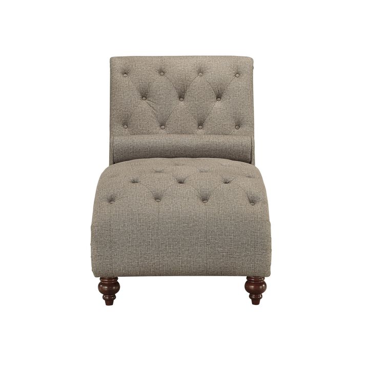 Amey 69 Inch Chaise Lounger, Solid Wood, Rolled Button Tufted Gray Fabric - Benzara