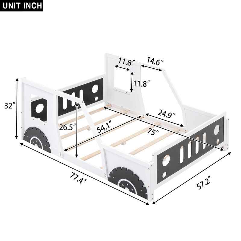 Full Size Classic Car-Shaped Platform Bed With Wheels, White