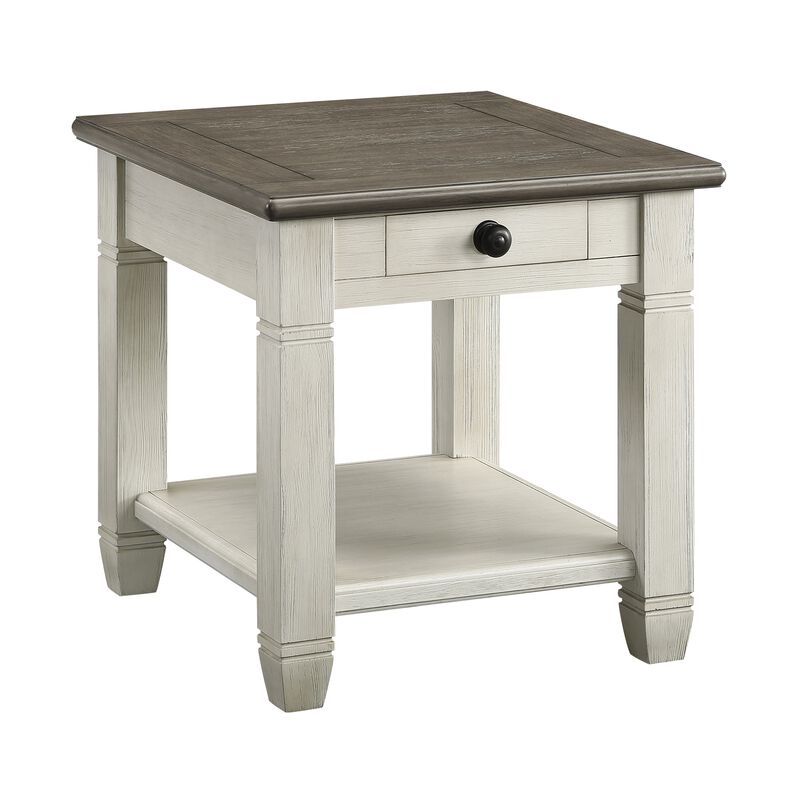 Rome 26 Inch Side End Table, Square, 1 Drawer, Brown, White, Solid Wood - Benzara
