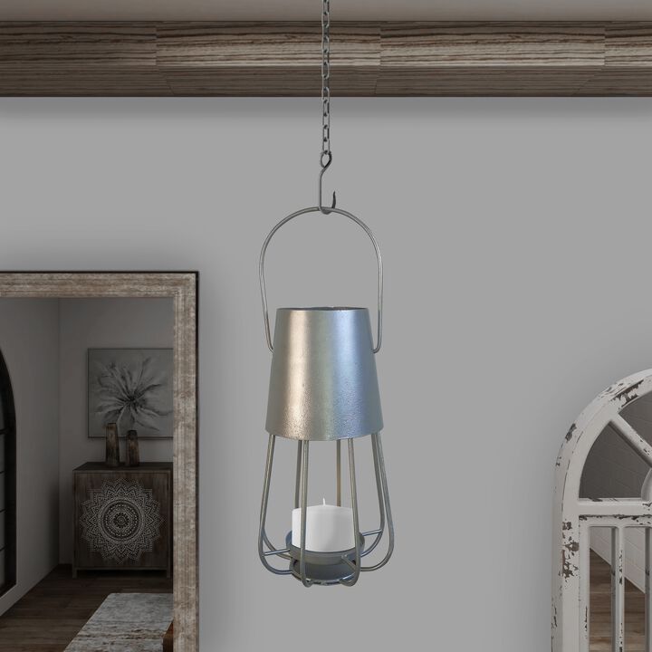 Ambient 12 Inch Vintage Style Iron Candle Stand Lantern, Sleek Curved Handle, Metallic Silver-Benzara