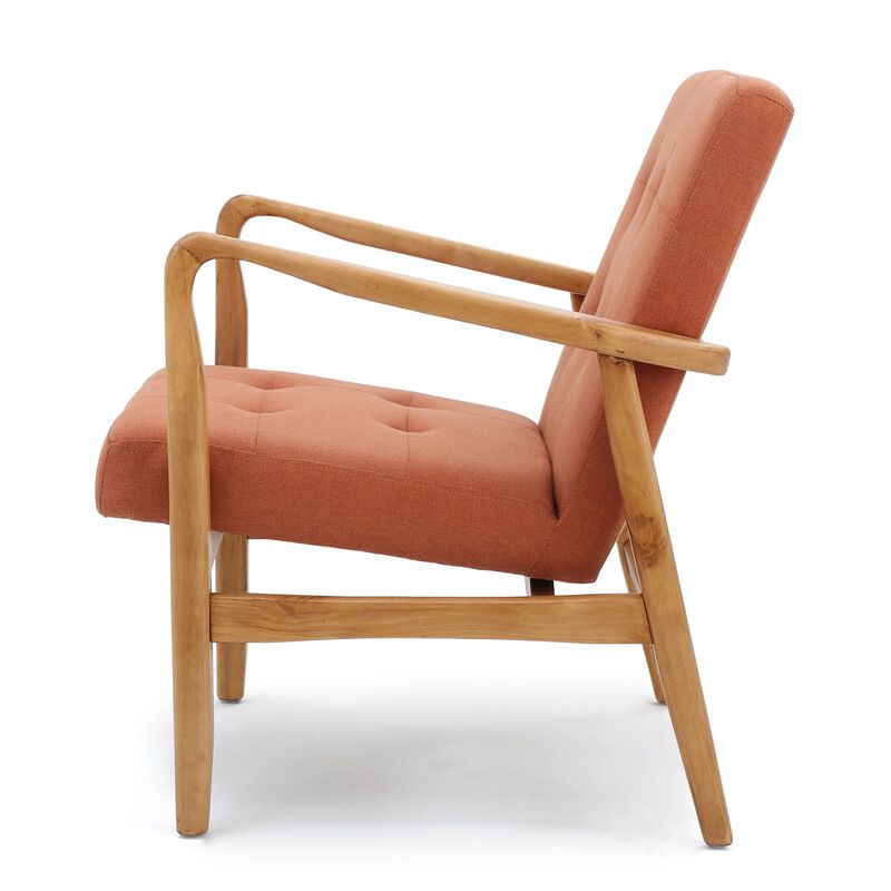 Mimi Accent Chair, Orange Fabric, Button Tufted Backrest, Light Brown Wood - Benzara