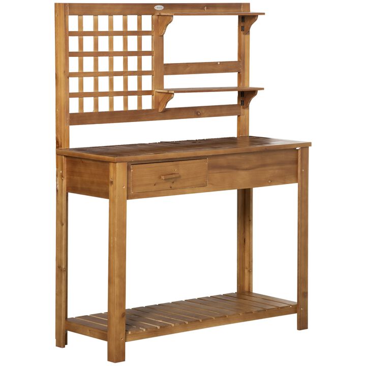 Brown Garden Station: Wooden Potting Bench with Shelves and Drawer