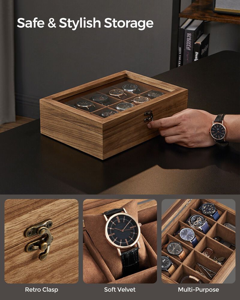 10-Slot Solid Wood Watch Box for Premium Timepiece Storage