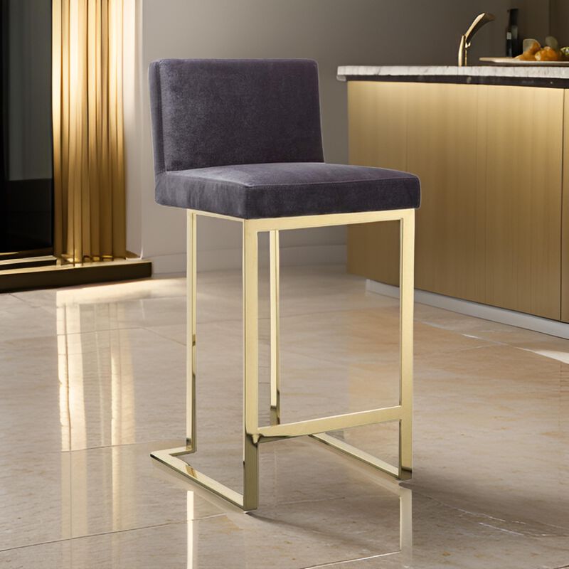 Boly 26 Inch Counter Stool Chair, Cushioned Gray Velvet, Gold Cantilever - Benzara
