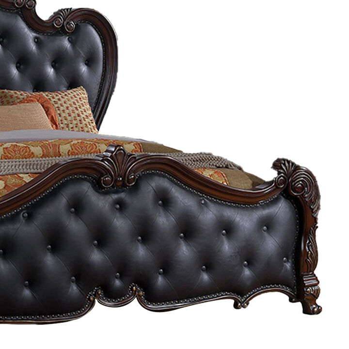 Venta King Bed, Brown Frame, Black Button Tufted Faux Leather Upholstery - Benzara