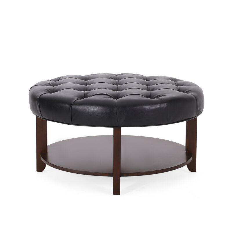 Kiam Ottoman, Shelf, Black Tufted Faux Leather, Brown Wood 32 Inch - Benzara